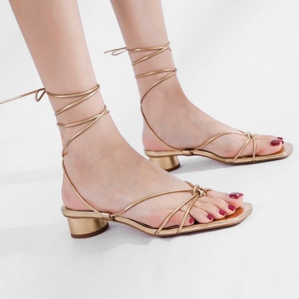 NWT Zara leather low heels ankle wrap tie sandals